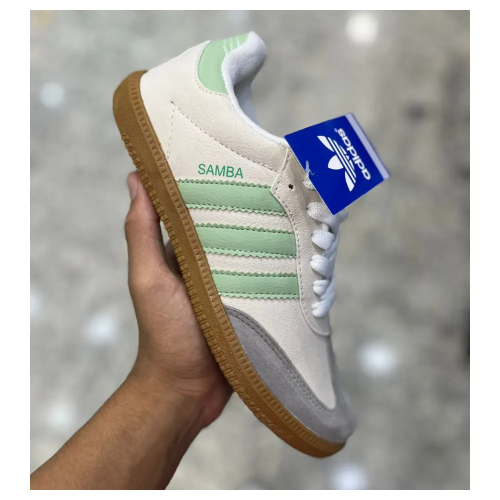 Tênis Adidas Samba | Off-white com Verde Menta e Cinza – Linha Premium